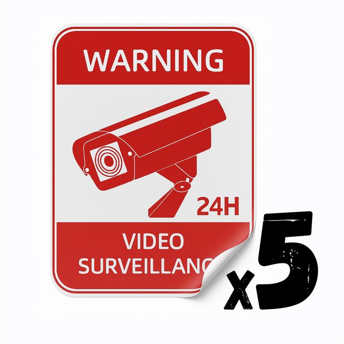 Pack de 5 pièces Autocollant Vinyl Camera de sécurité 24h/24h 30x20